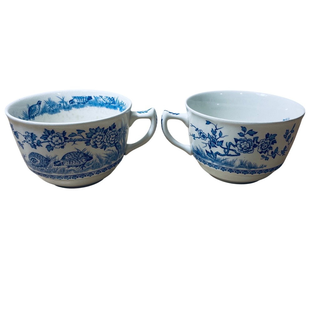 Antique English Blue Transferware Ironstone Tea Cups Quail Floral Set of 2